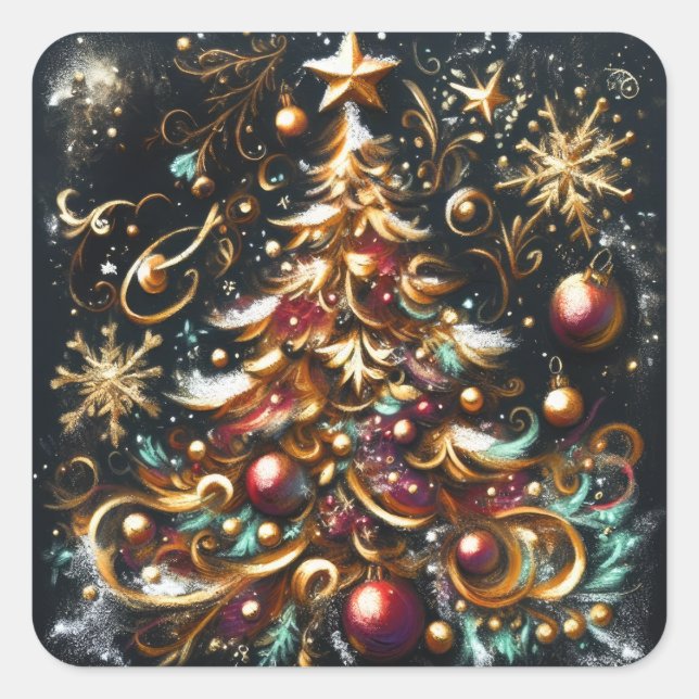 Pastel Drawing of a Christmas Tree Whimsical Square Sticker (Front)
