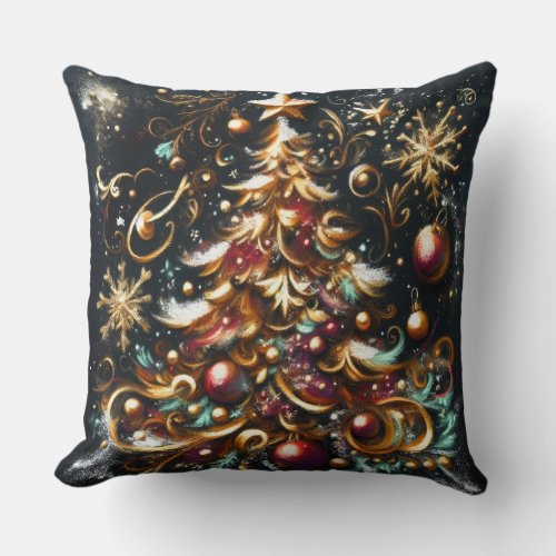 Pastel Drawing of a Christmas Tree Whimsical Throw Pillow
