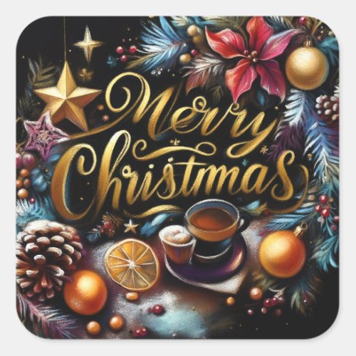 Pastel Drawing of a Christmas Whimsical Square Sticker