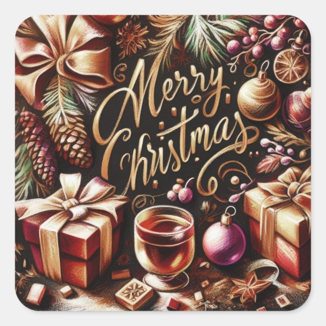 Pastel Drawing of a Christmas Whimsical Square Sticker (Front)