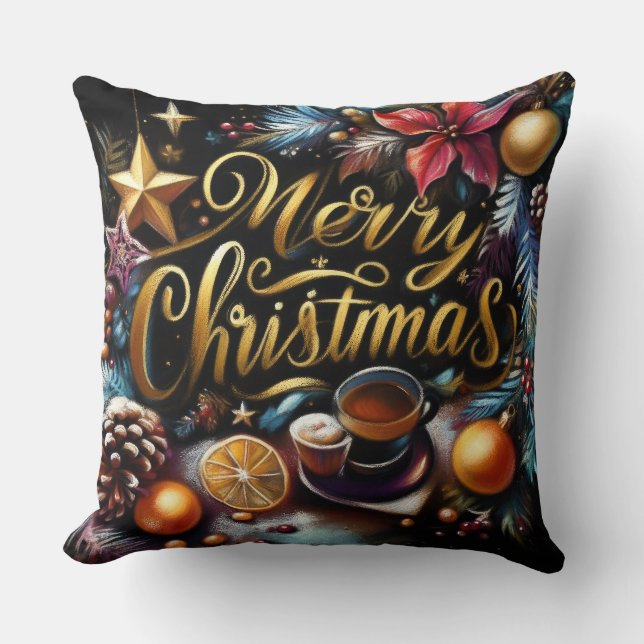Pastel Drawing of a Christmas Whimsical Throw Pillow (Front)
