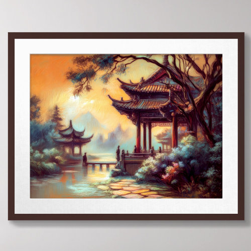Pastel Drawing of Ancient Chinese Pagoda Village Poster
