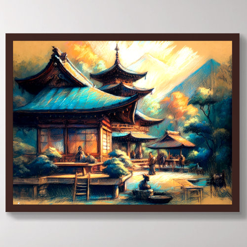 Pastel Drawing of Ancient Chinese Village Poster