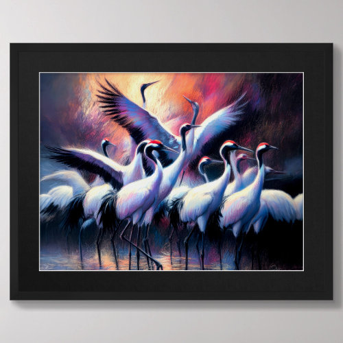 Pastel Drawing of Chinese Red_Crowned Cranes Flock Poster