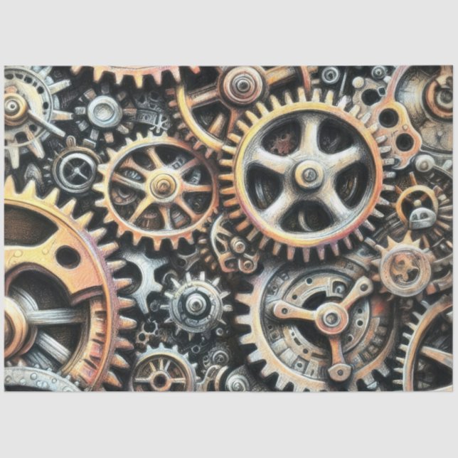 Pastel Drawing of Cogs Gears Steampunk Tissue Paper (Front)