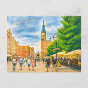 Pastel drawing of Danzig’s Long Market with church Holiday Postcard