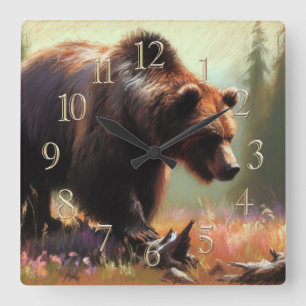 Pastel Drawing of Grizzly Bear in Nature Square Wall Clock
