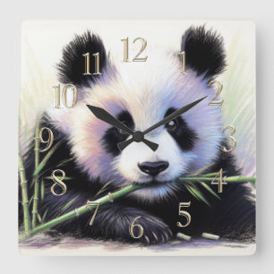 Pastel Drawing of Panda Bear Bamboo II Square Wall Clock