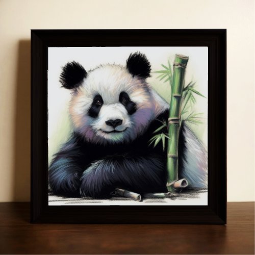 Pastel Drawing of Panda Bear Bamboo Poster