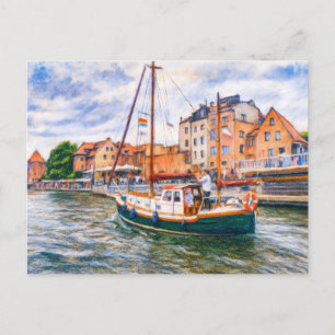 Pastel drawing of sailboat on Motlawa in Danzig ol Holiday Postcard