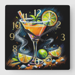 Pastel Drawing Orange Pink Cocktail Citrus Slices Square Wall Clock