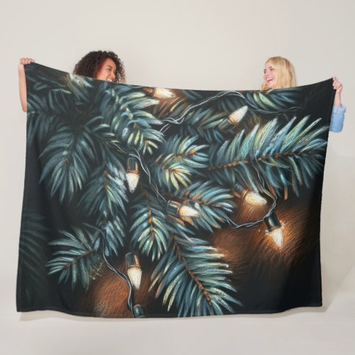 Pastel Drawing Pine Boughs Lights Fleece Blanket