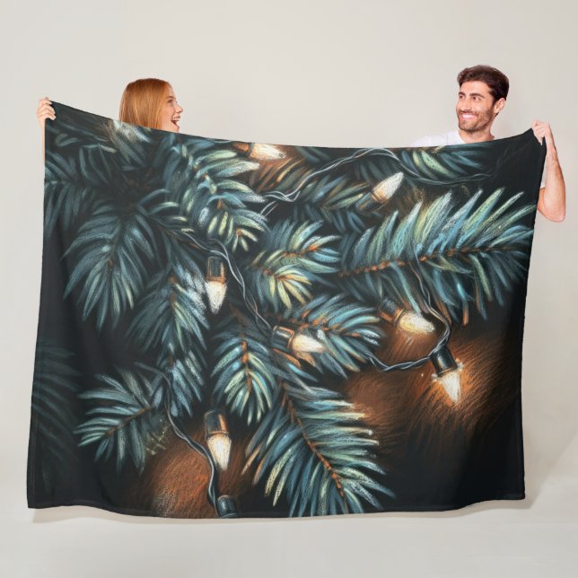 Pastel Drawing Pine Boughs Lights Fleece Blanket (In Situ)