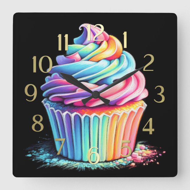 Pastel Drawing Rainbow Swirl Frosting Cupcake Square Wall Clock (Front)