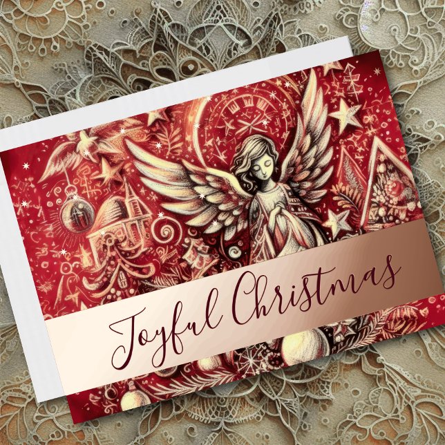 Pastel Drawing Red Christmas Angel Foil Holiday Card (Creator Uploaded)