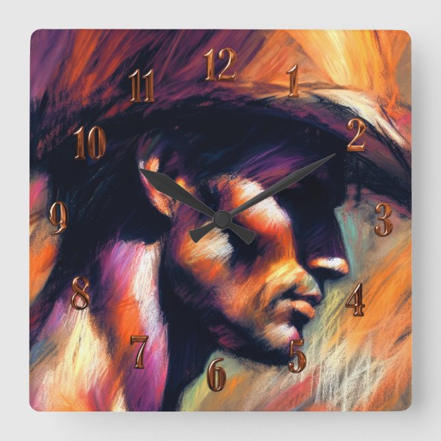 Pastel Drawing Rough Style Sketch Shirtless Cowboy Square Wall Clock (Front)