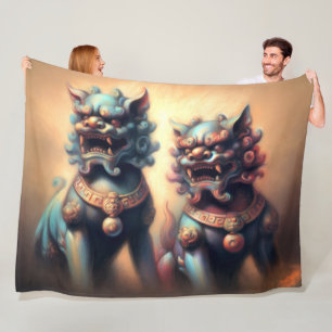 Pastel Drawing Shi Fu Dog Foo Dog Protection Fleece Blanket