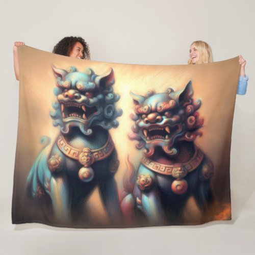 Pastel Drawing Shi Fu Dog Foo Dog Protection Fleece Blanket