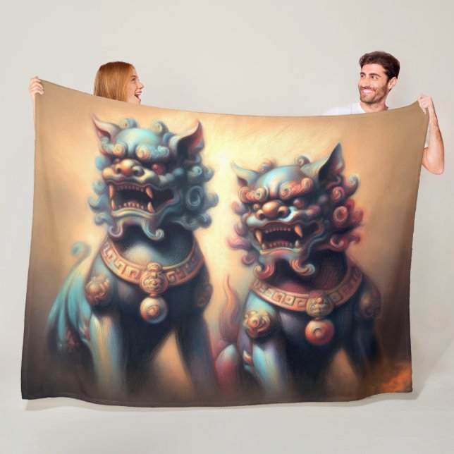 Pastel Drawing Shi Fu Dog Foo Dog Protection Fleece Blanket (In Situ)