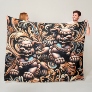 Pastel Drawing Shi Fu Dog Foo Dog Protection Fleece Blanket