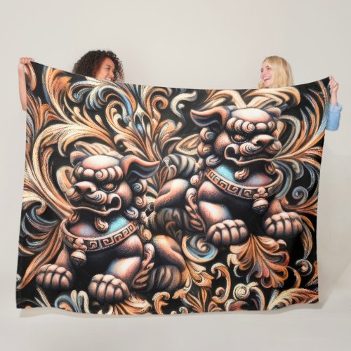 Pastel Drawing Shi Fu Dog Foo Dog Protection Fleece Blanket