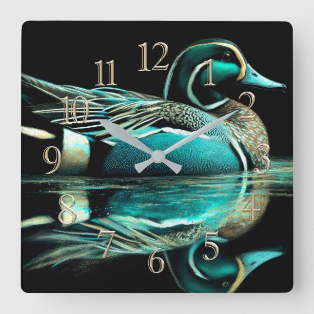 Pastel Drawing Teal Duck on Water Square Wall Clock (Front)