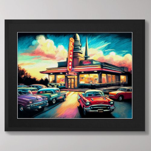 Pastel Drawing Vintage Diner and Cars Poster