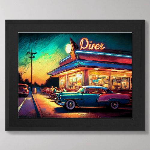 Pastel Drawing Vintage Roadside Diner and Car Poster