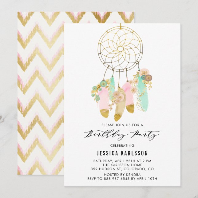 Pastel Dreamcatcher Faux Gold Foil Birthday Party Invitation (Front/Back)