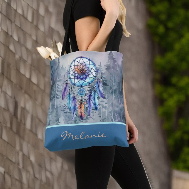 Pastel Dreamcatcher Watercolor Mountains Monogram Tote Bag (Creator Uploaded)