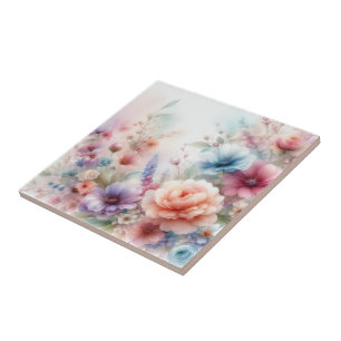 Pastel Dreamscape Watercolor Floral Ceramic Tile