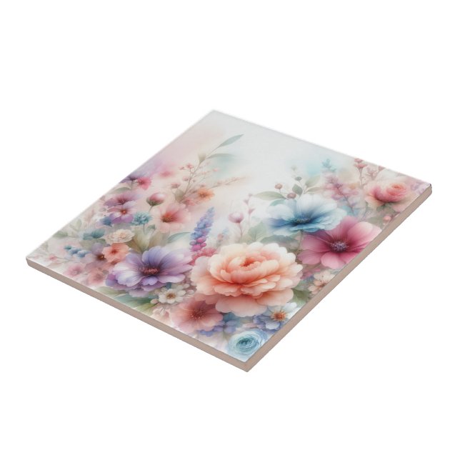 Pastel Dreamscape  Watercolor Floral Ceramic Tile (Side)