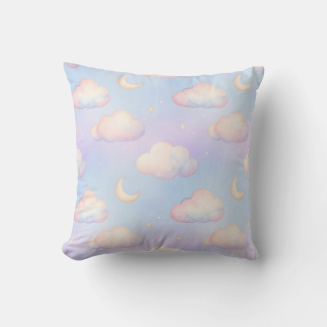 Pastel Dreamy Clouds Crescent Moon Pattern Throw Pillow (Front)