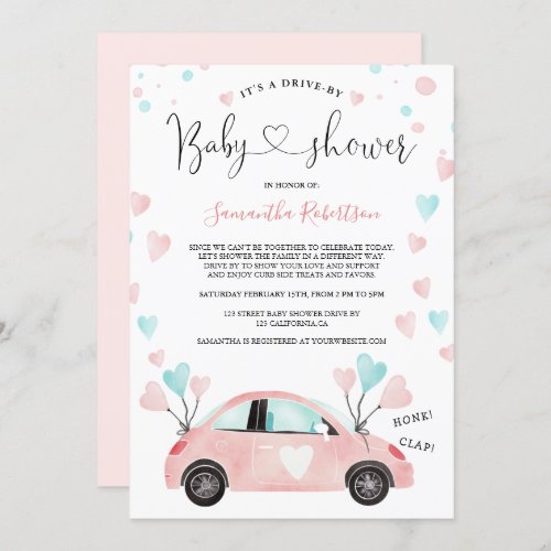 Pastel Drive by baby shower car watercolor hearts Invitation