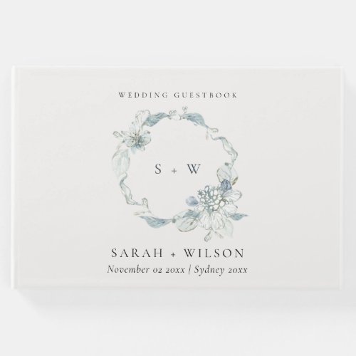 Pastel Dusky Blue Floral Wreath Wedding Monogram Guest Book