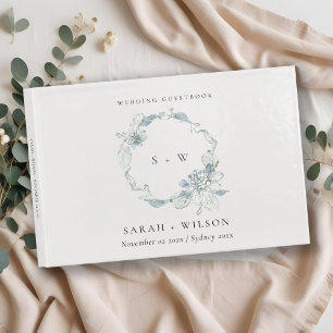 Pastel Dusky Blue Floral Wreath Wedding Monogram Guest Book