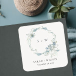 Pastel Dusky Blue Floral Wreath Wedding Monogram  Square Sticker<br><div class="desc">If you need any further customisation please feel free to message me on yellowfebstudio@gmail.com.</div>
