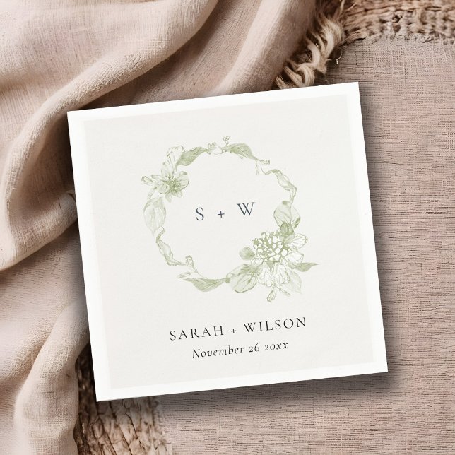 Pastel Dusky Green Floral Wreath Wedding Monogram Napkins (Creator Uploaded)
