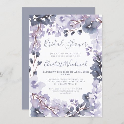 Pastel dusty blue floral watercolor bridal shower invitation