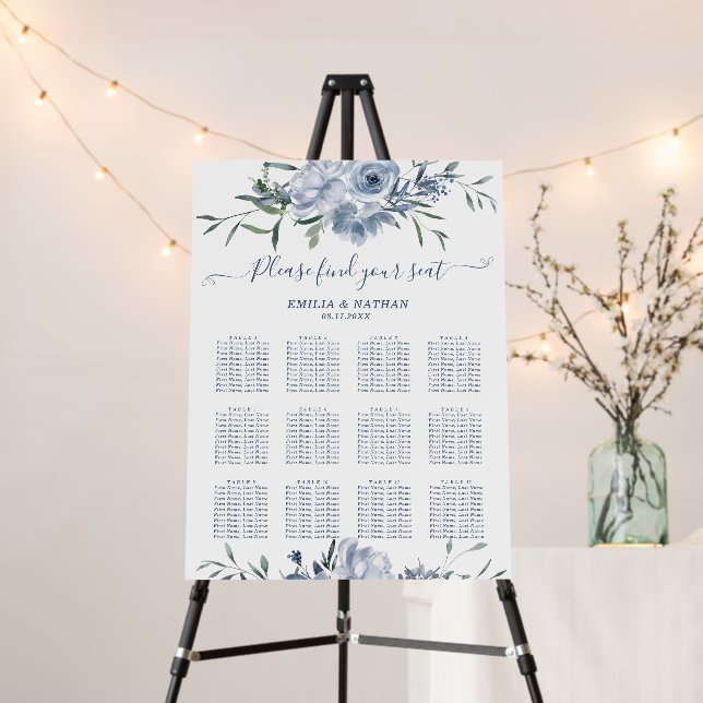 Pastel Dusty Blue Flowers Wedding Seating Chart Foam Board (In Situ (Stand))