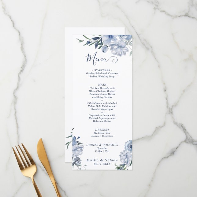 Pastel Dusty Blue Roses Floral Wedding Menu (Front/Back In Situ)