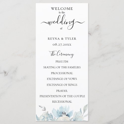 Pastel Dusty Blue Watercolor Floral Wedding Program