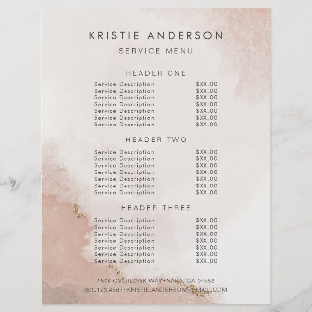Pastel Dusty Pink & Gold Pricing & Services Flyer (Front)