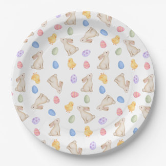 Pastel Easter Bunnies, Egg, and Chiks Paper Plates