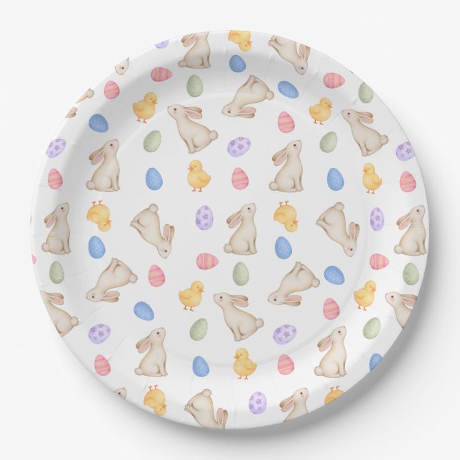 Pastel Easter Bunnies, Egg, and Chiks Paper Plates (Front)