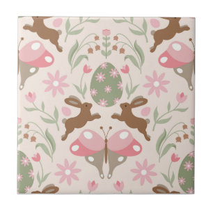 Pastel Easter Bunny and Flower Pattern Ceramic Tile