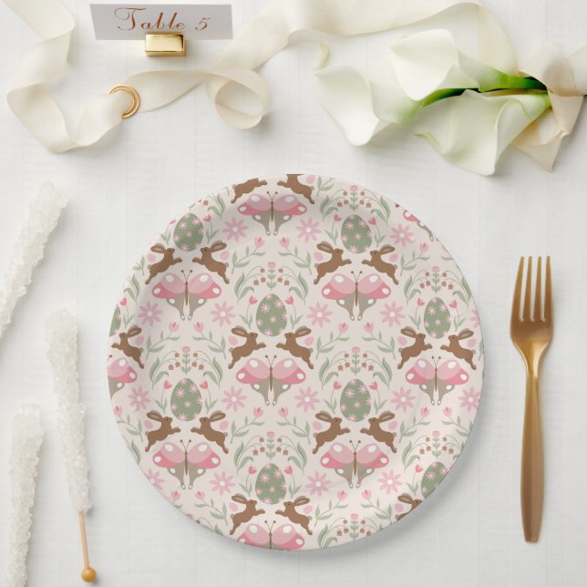 Pastel Easter Bunny and Flower Pattern  Paper Plates (Wedding)
