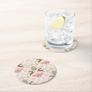 Pastel Easter Bunny and Flower Pattern Round Paper Coaster