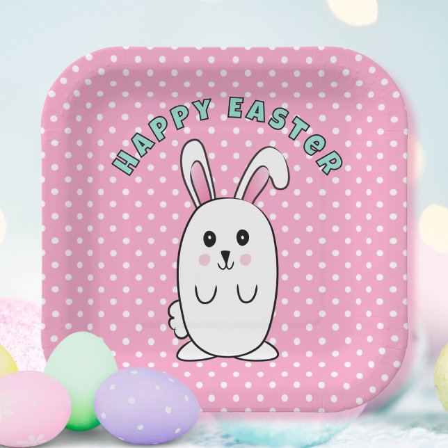Pastel Easter Bunny Cartoon Pink White Blue Cute Paper Plates (Creator Uploaded)