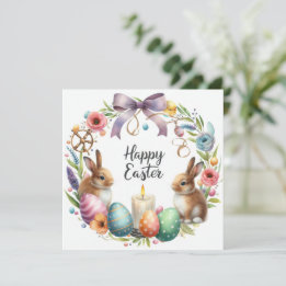 Pastel Easter Bunny Floral Candle Illustration Holiday Card